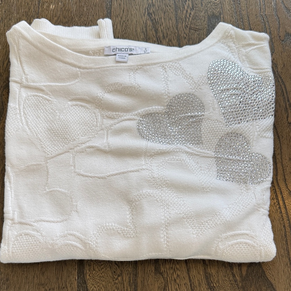 Chico's Cream Sweater with Silver Heart Details